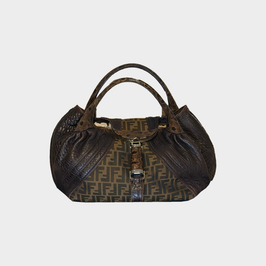 Fendi - SPY Borsa a mano in tessuto FF e pelle marrone