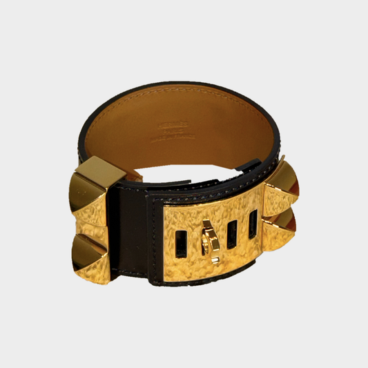 Hermès Collier de Chien – Bracciale in pelle nera con dettagli dorati