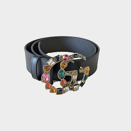 Gucci Double G – Cintura in pelle nera con cristalli multicolore